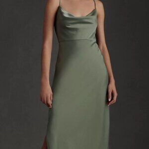 BHLDN Cali Satin Cowl-Neck Midi Slip Dress in Moss Green